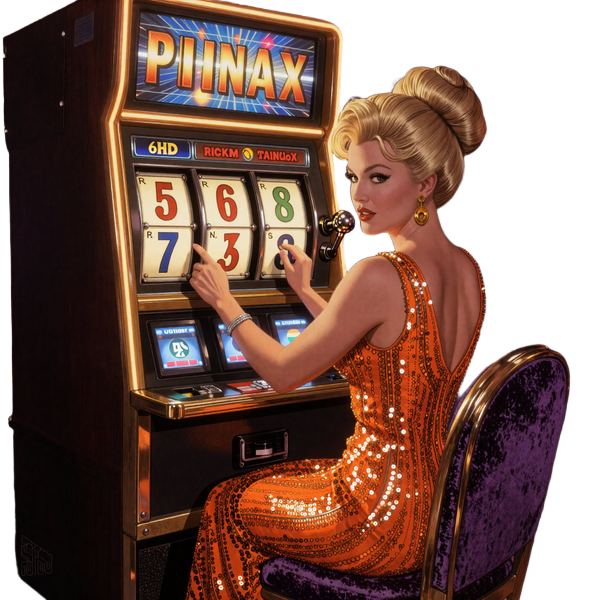 Granny zieht am Hebel eines Retro-Spielautomaten mit leuchtenden Jackpot-Symbolen