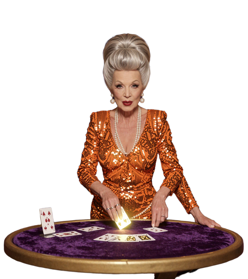 Granny Valentina teilt Casino-Spielkarten im Retro-Vegas-Stil - Maskottchen der SpinGranny Spielebibliothek